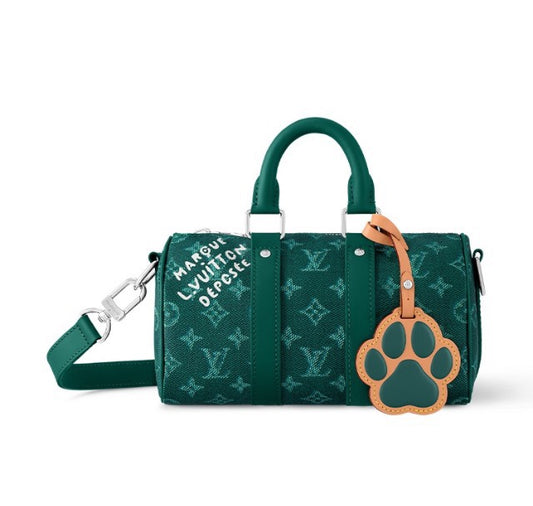 Louis Vuitton Luxury Green Monogram Mini Duffle Bag with Paw Print Charm