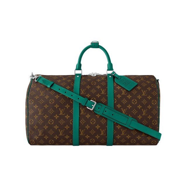 Louis Vuitton Brown Monogram Travel Duffle Bag with Green Leather Accents