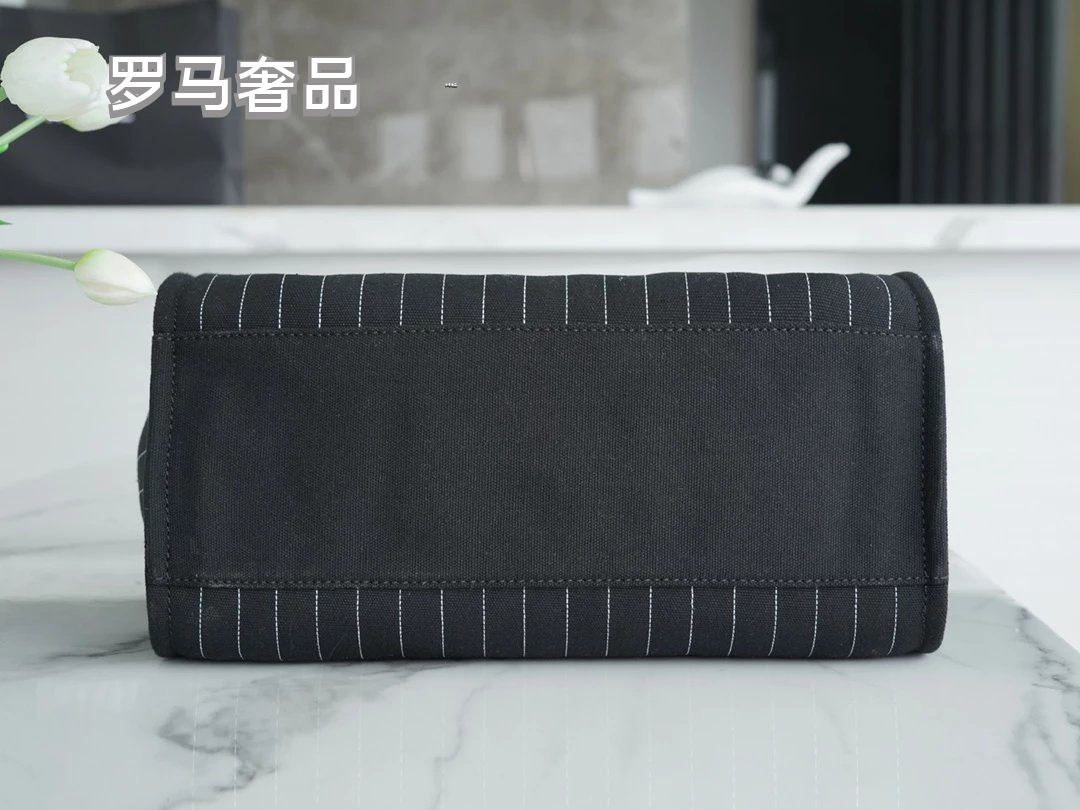 Chanel Pinstripe Canvas Deauville Tote Bag with Matching Pouch - Black/White