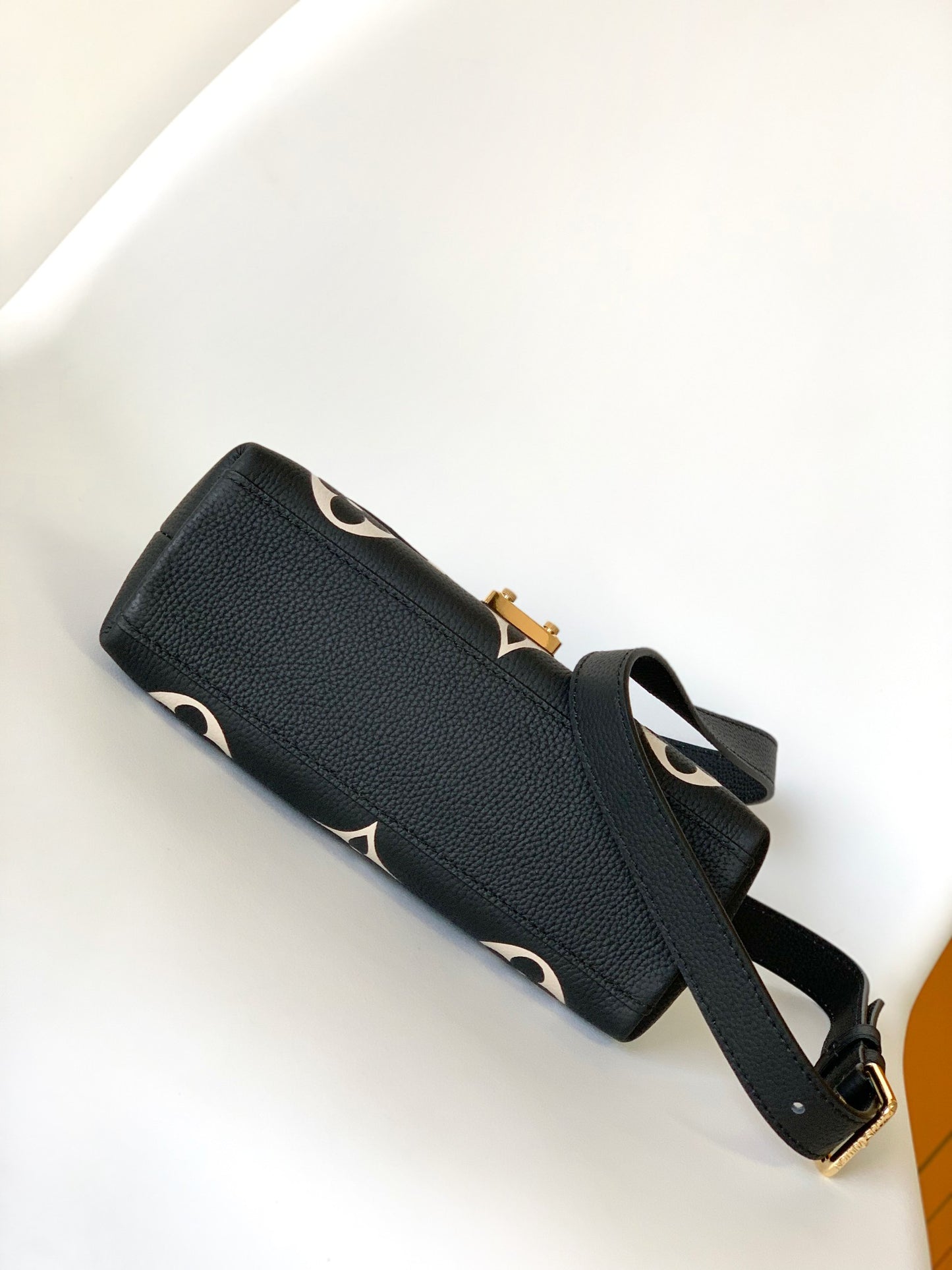 Louis Vuitton Black Leather Top Handle Shoulder Bag with Gold Floral Pattern