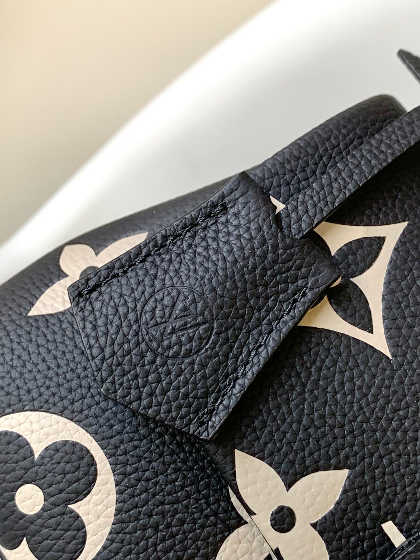 Louis Vuitton Black Leather Top Handle Shoulder Bag with Gold Floral Pattern