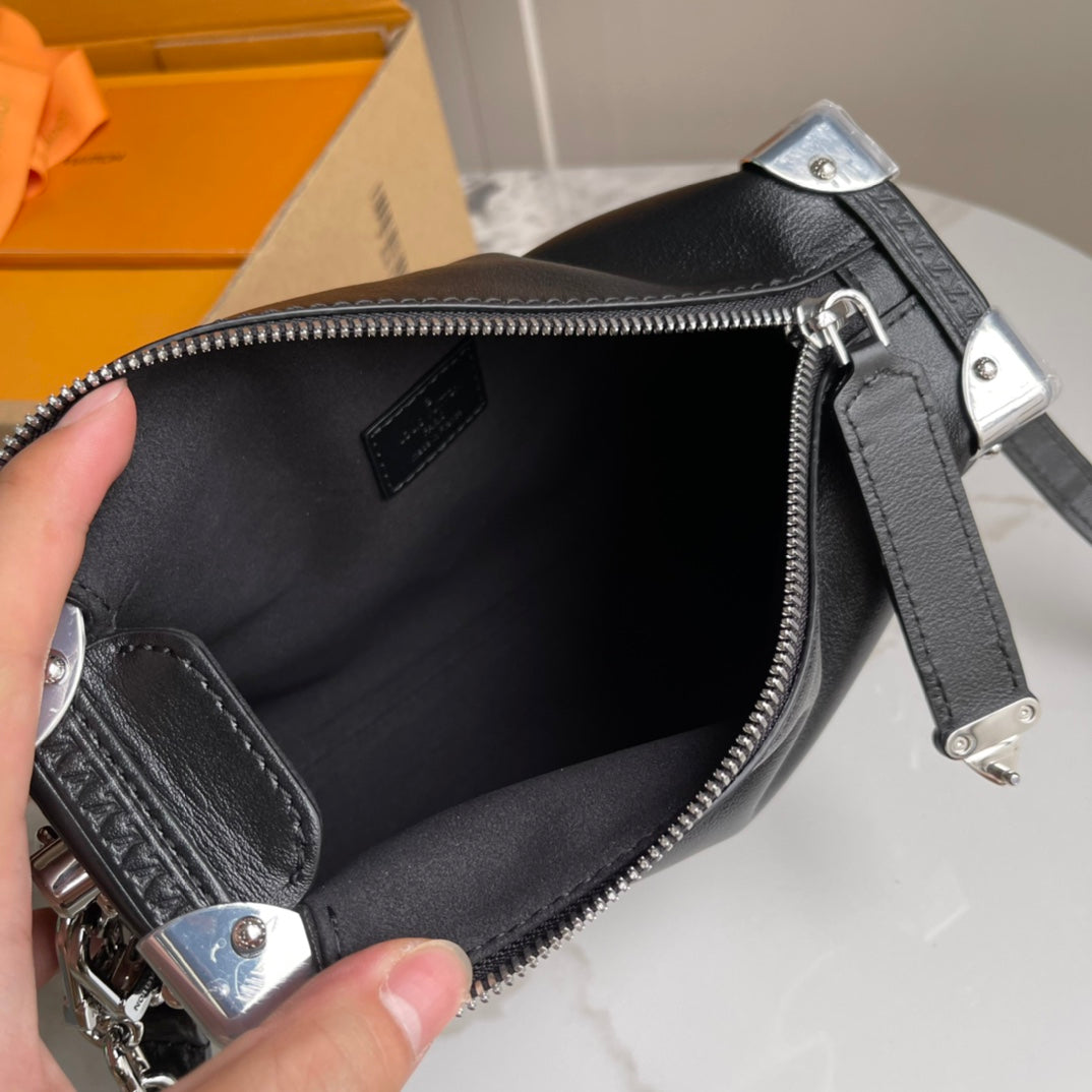 Louis Vuitton Black Leather Shoulder Bag with Silver Chain and Metal Corners