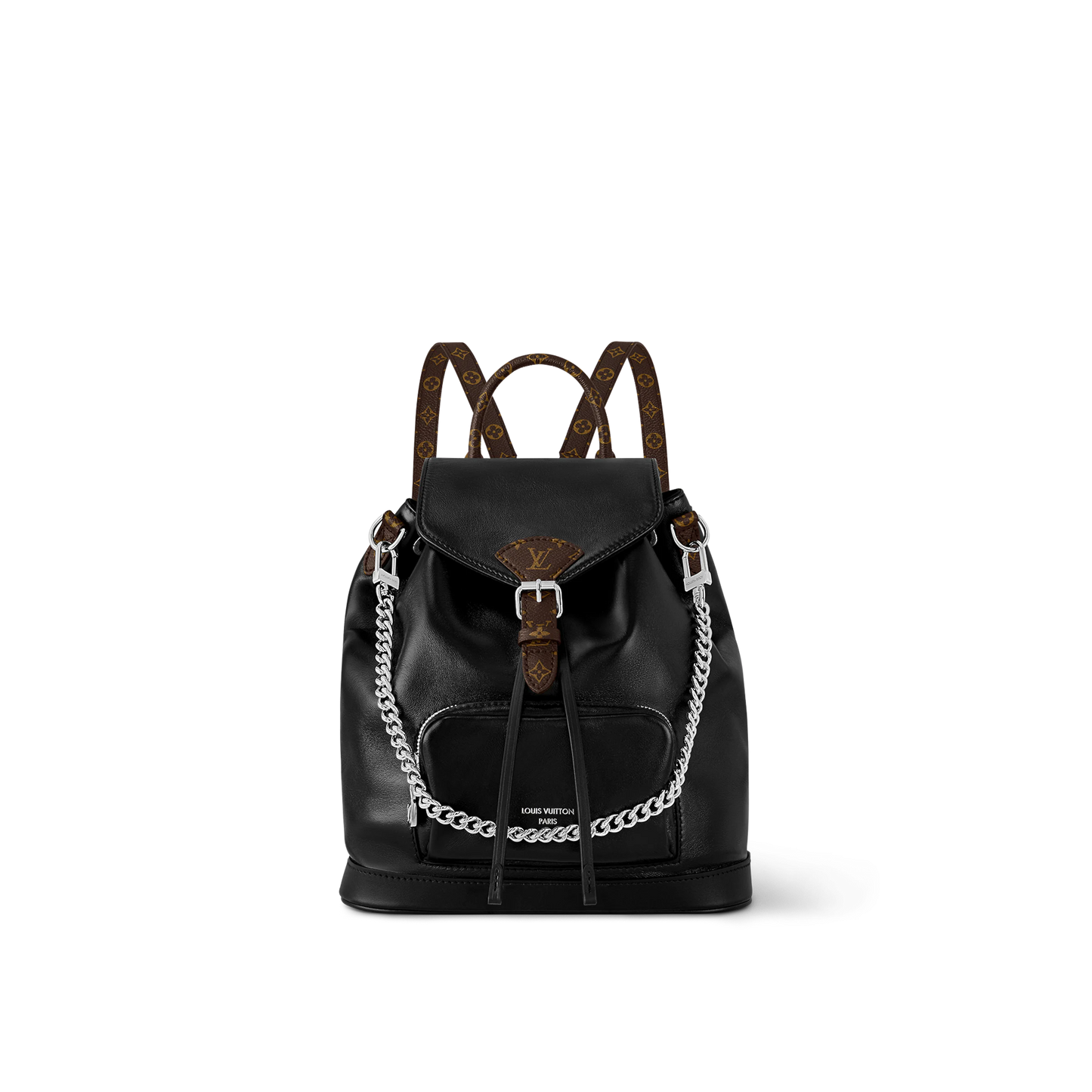 Louis Vuitton Black Leather Drawstring Backpack with Silver Chain Accent