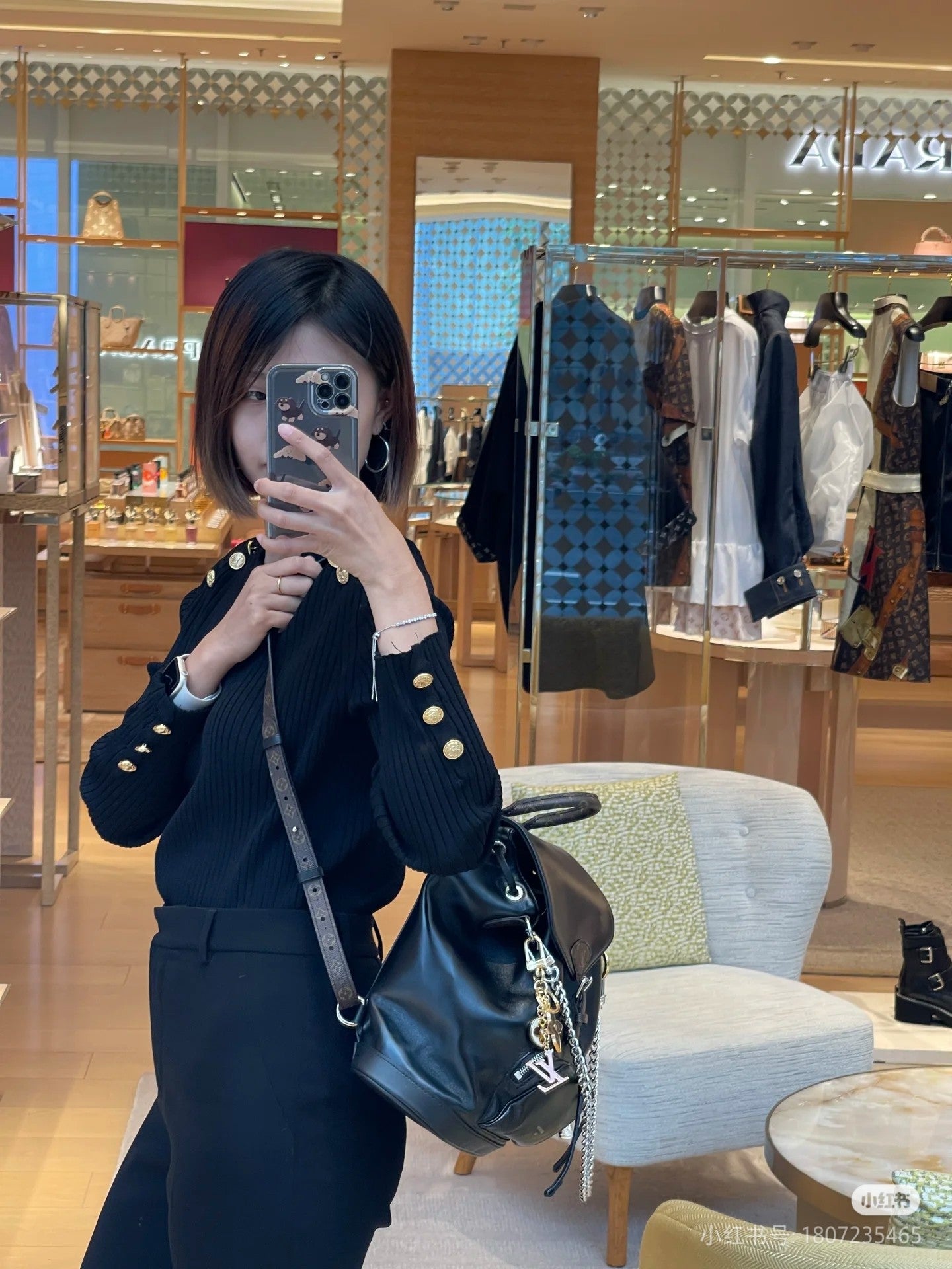 Marc Ellis New York Black Leather Backpack with Silver Chain and Monogram Straps