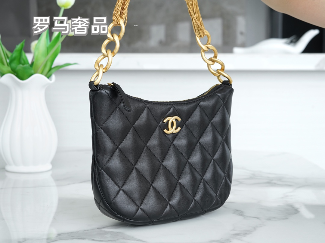 Chanel Quilted Black Leather Hobo Bag with Gold-Tone Chain Strap