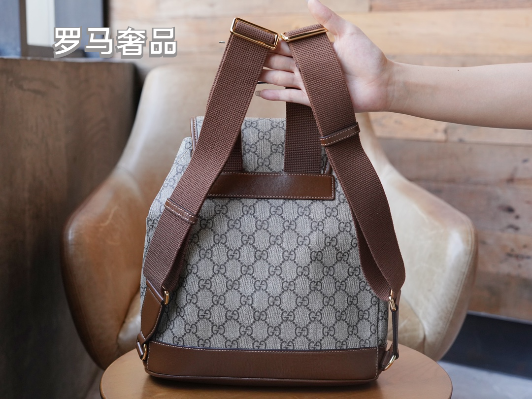 Gucci Classic Monogram Canvas Backpack with Brown Leather Trim and Drawstring