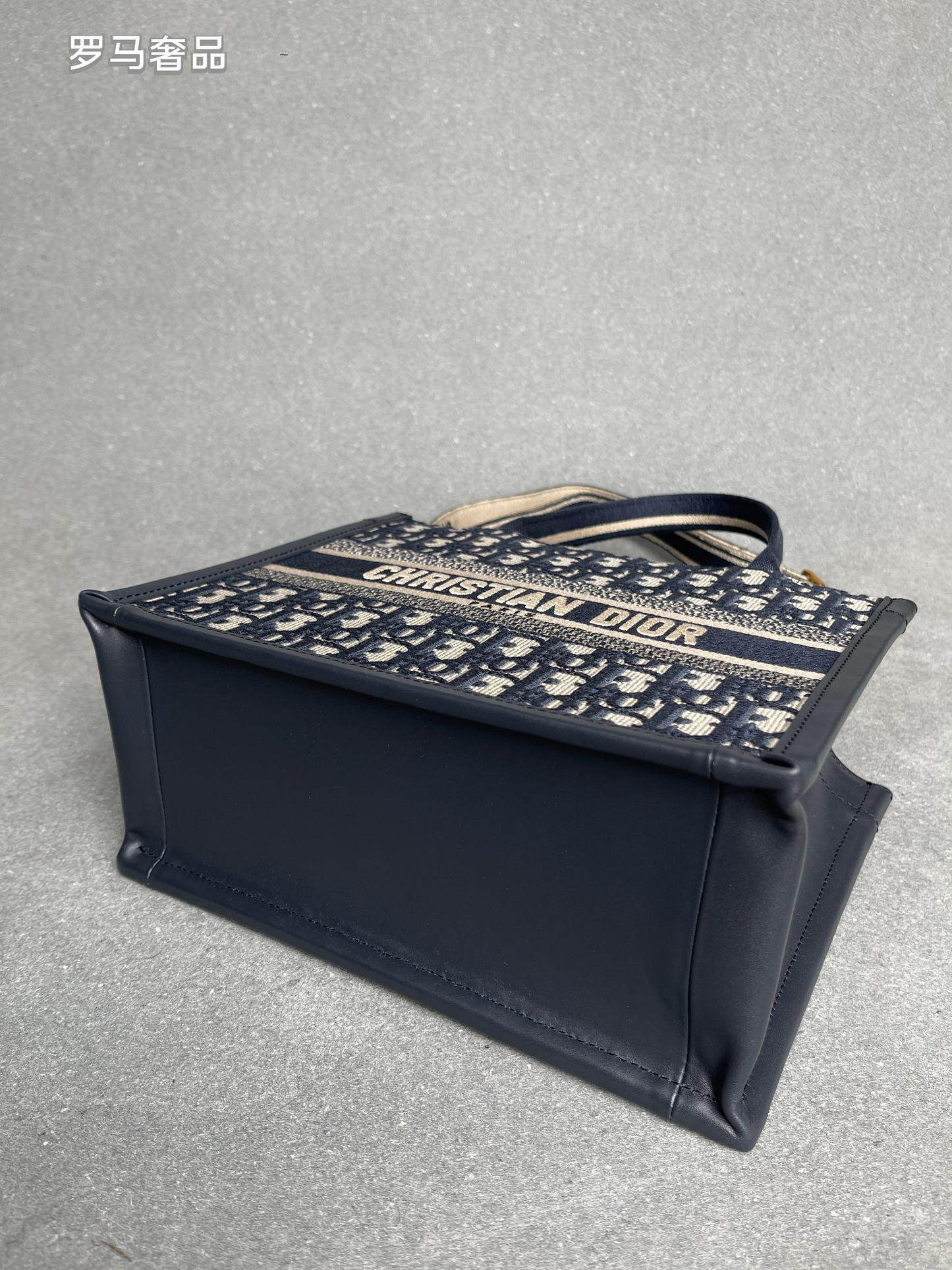 Dior Navy Blue Monogram Canvas Tote Bag with Top Handles
