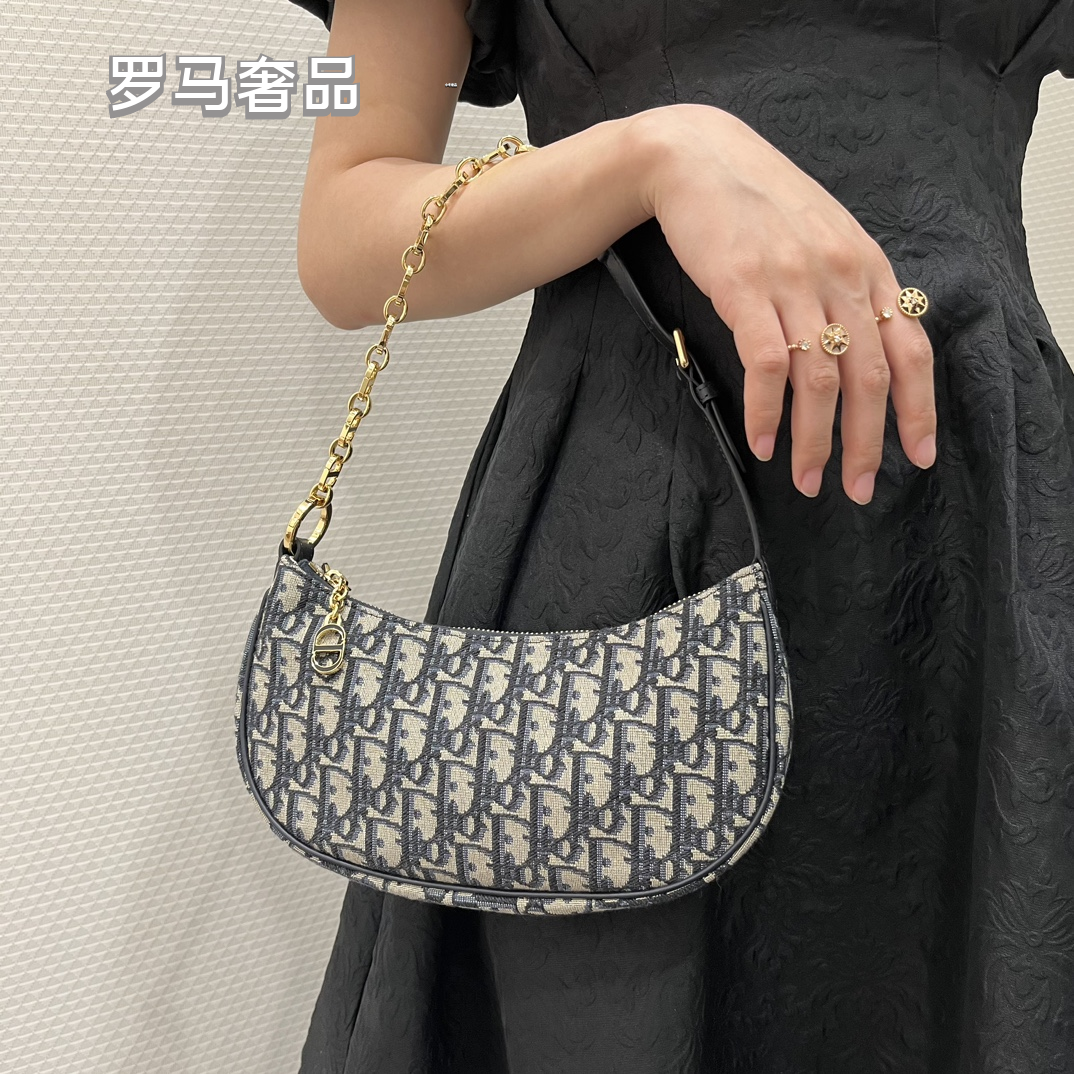 Dior Elegant Monogram Canvas Crescent Shoulder Bag with Gold Chain