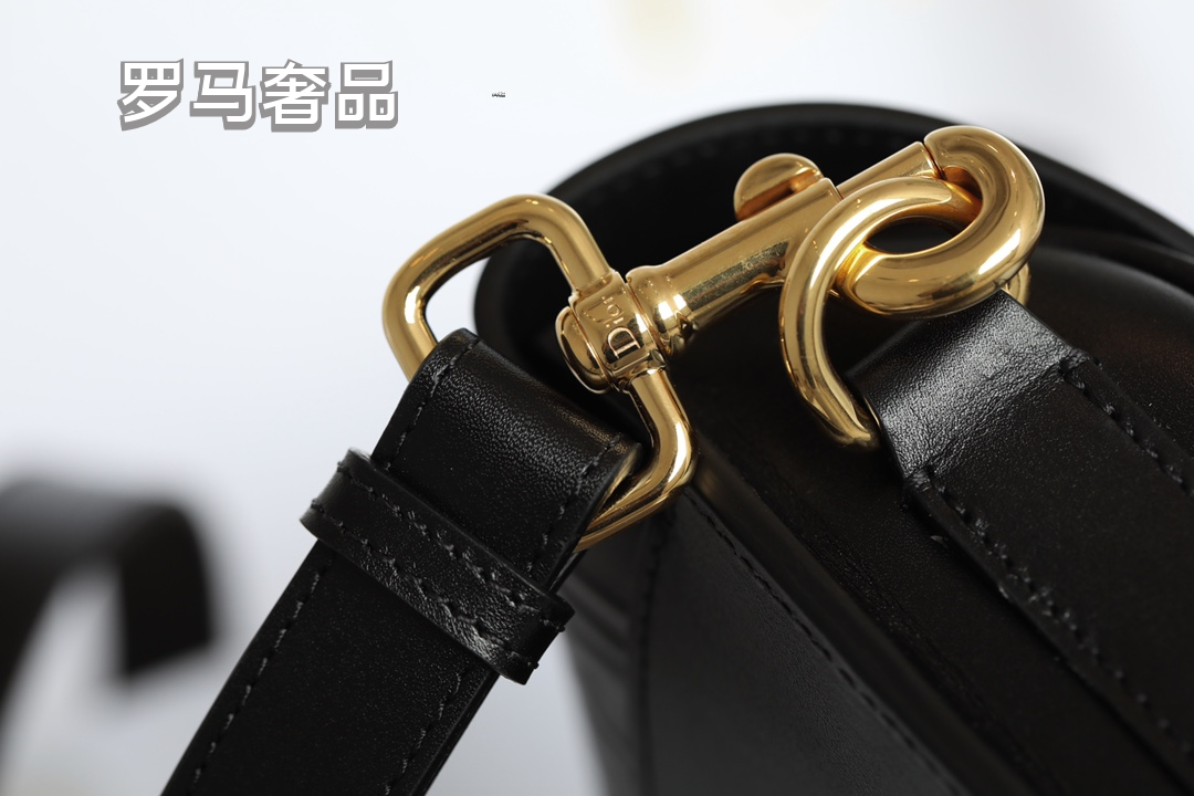 Dior Vintage Black Leather Shoulder Saddle Bag with Oval Metal Clasp