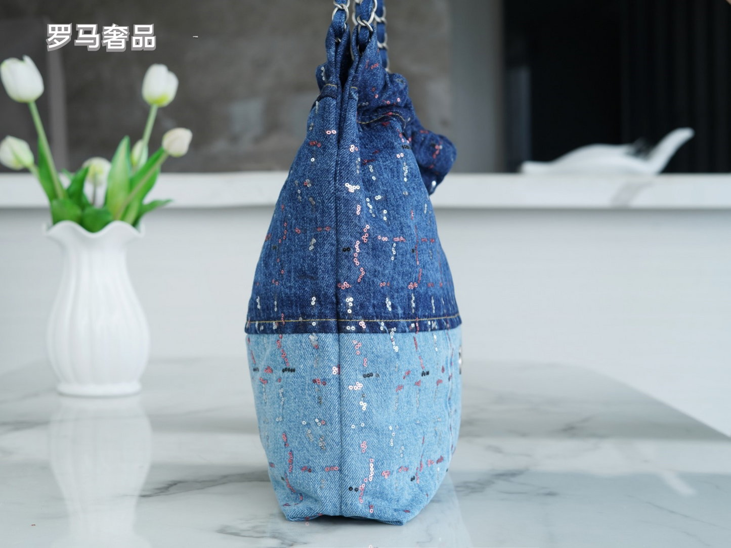 Chanel 22 Denim Patchwork Tote Bag with Matching Pouch - Blue Washed Denim Shoulder Bag