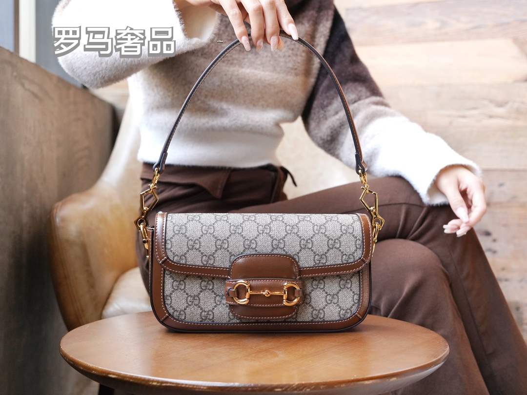Gucci Vintage Monogram Flap Shoulder Bag with Gold Horsebit Clasp