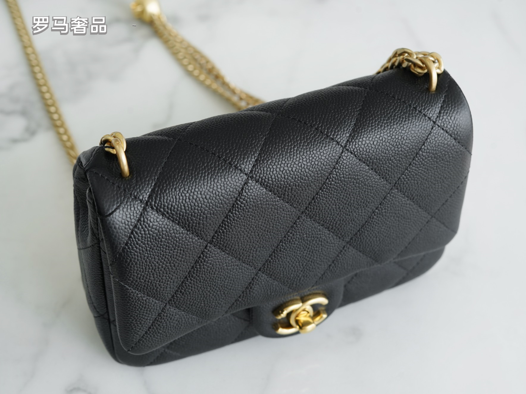 Chanel Quilted Leather Mini Flap Bag with Gold Heart Charm Chain - Black