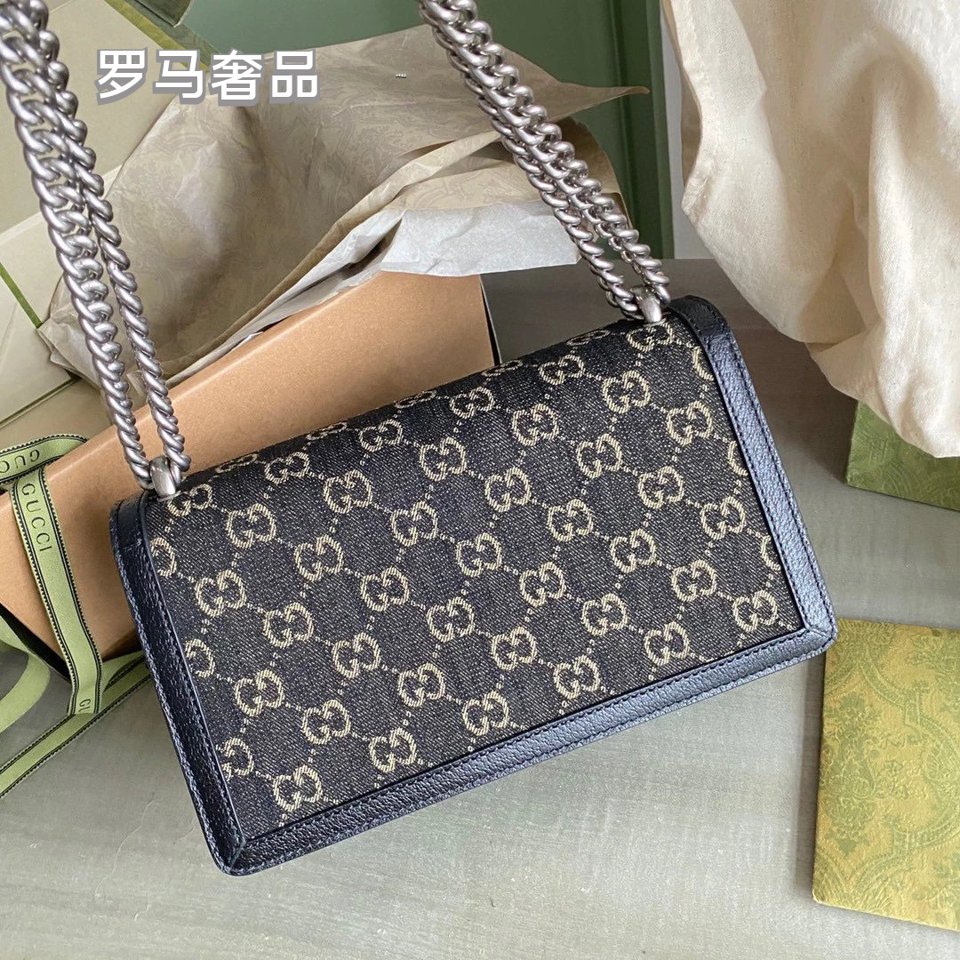 Gucci Luxury Navy Blue Monogram Canvas Chain Shoulder Bag with Spur Buckle