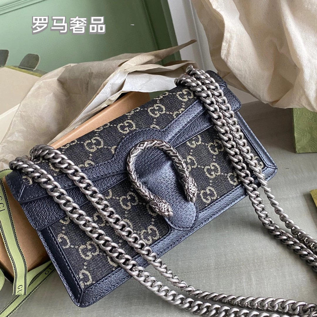 Gucci Luxury Navy Blue Monogram Canvas Chain Shoulder Bag with Spur Buckle
