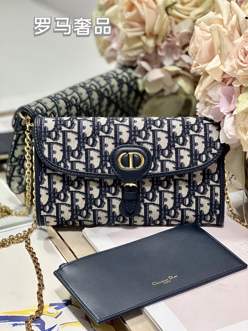 Dior Navy Blue Monogram Jacquard Wallet on Chain Crossbody Bag