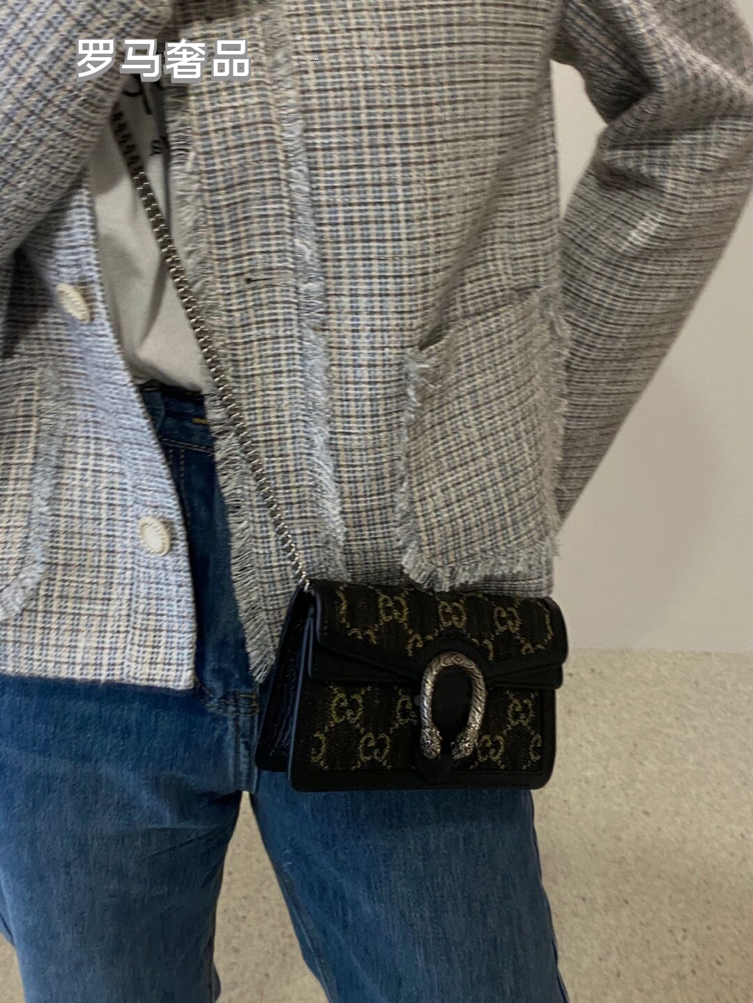 Gucci Luxury Navy Blue Monogram Canvas Chain Shoulder Bag with Spur Buckle