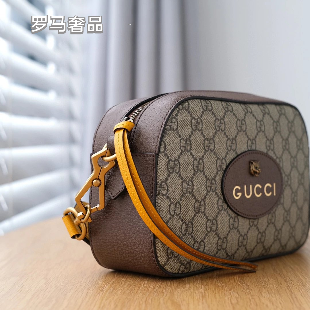 Gucci Retro Monogram Canvas Camera Crossbody Bag with Striped Strap
