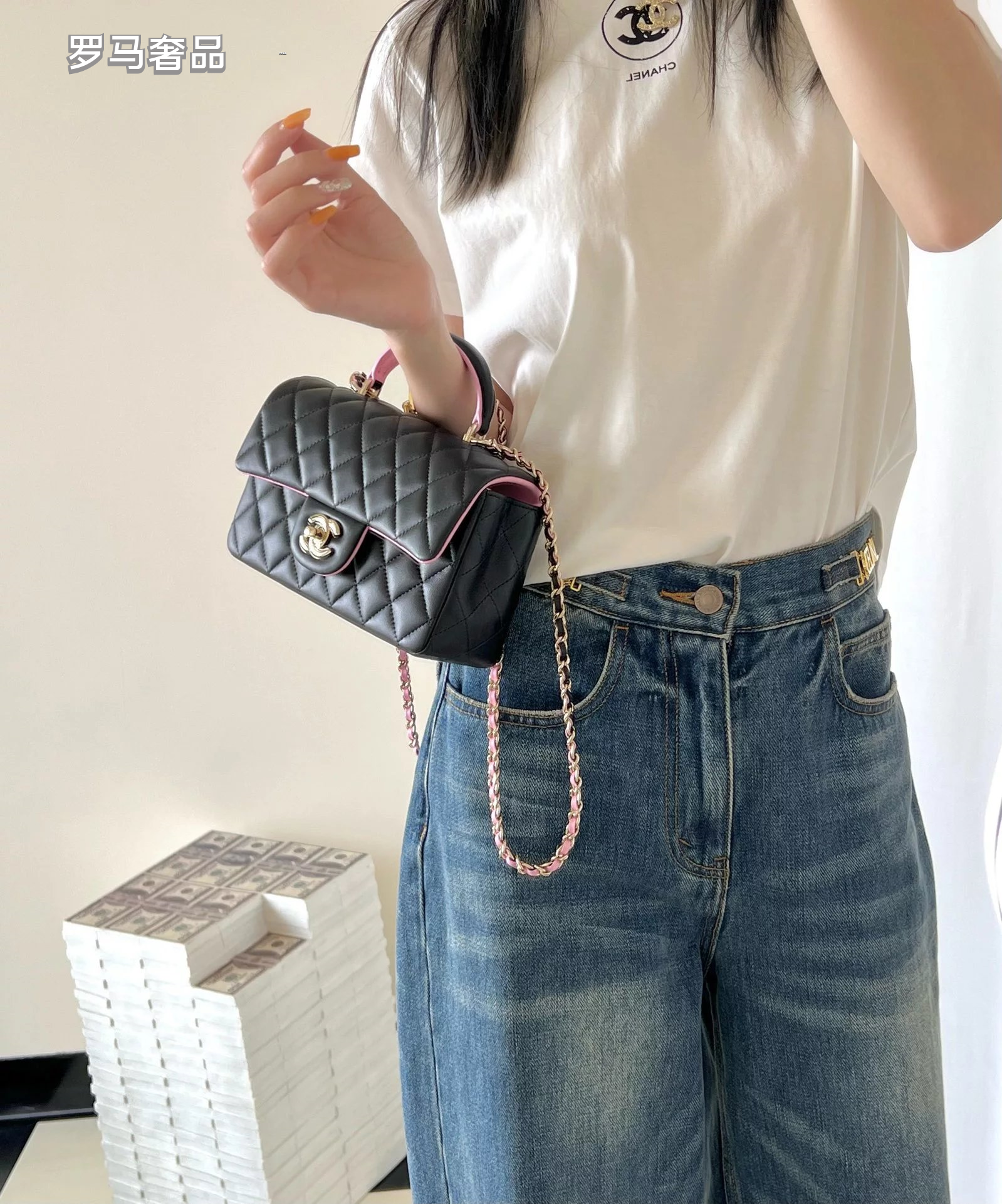 Chanel Small Quilted Top Handle Flap Bag - Black Leather with Gold-tone Hardware