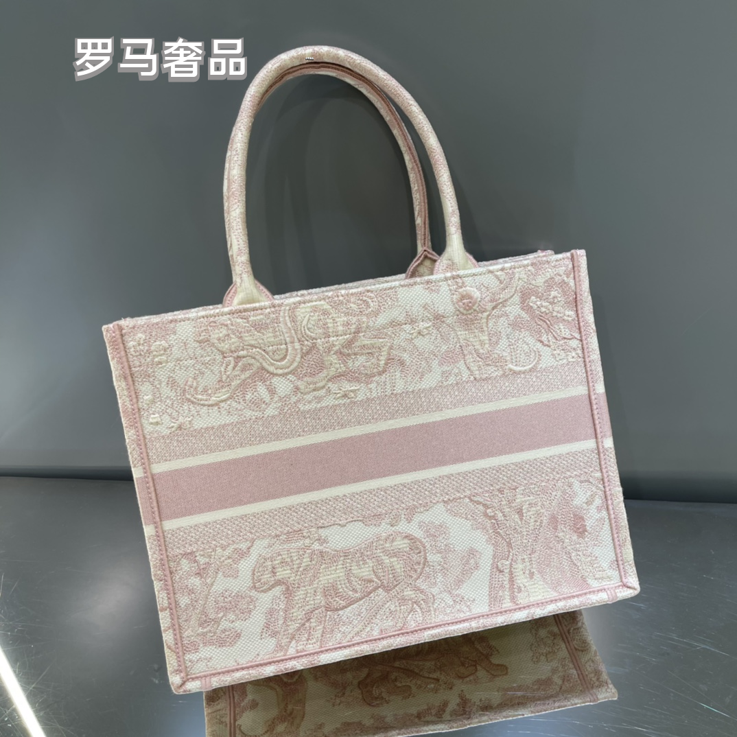 Dior Pink and Beige Floral Embroidered Top Handle Canvas Tote Bag