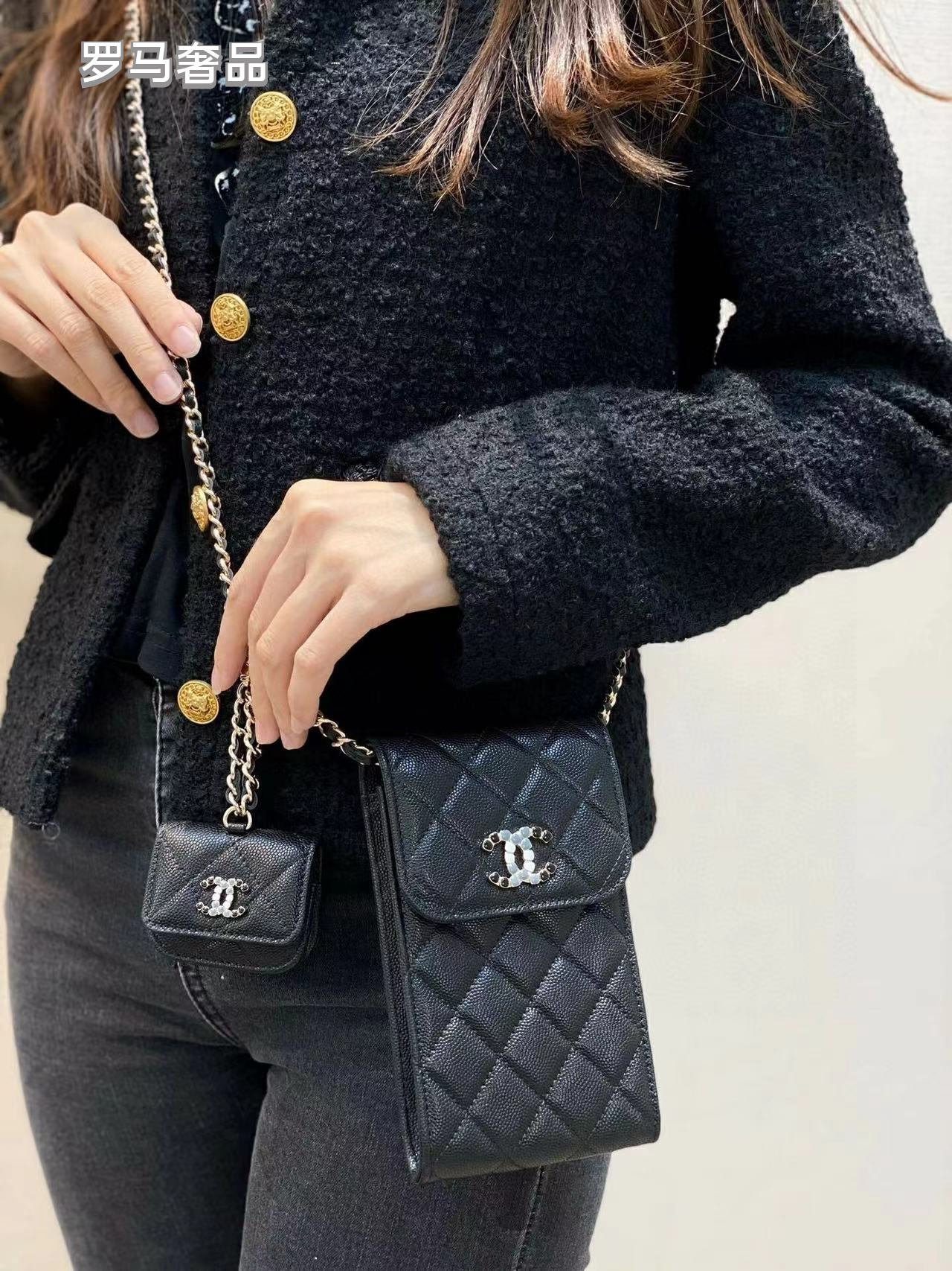 Women's Black Quilted Phone Crossbody Bag with Matching Airpods Pouch and Chain Strap