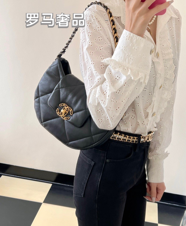 Chanel 19 Large Hobo Bag - Black Quilted Lambskin Leather with Gold-Tone Hardware