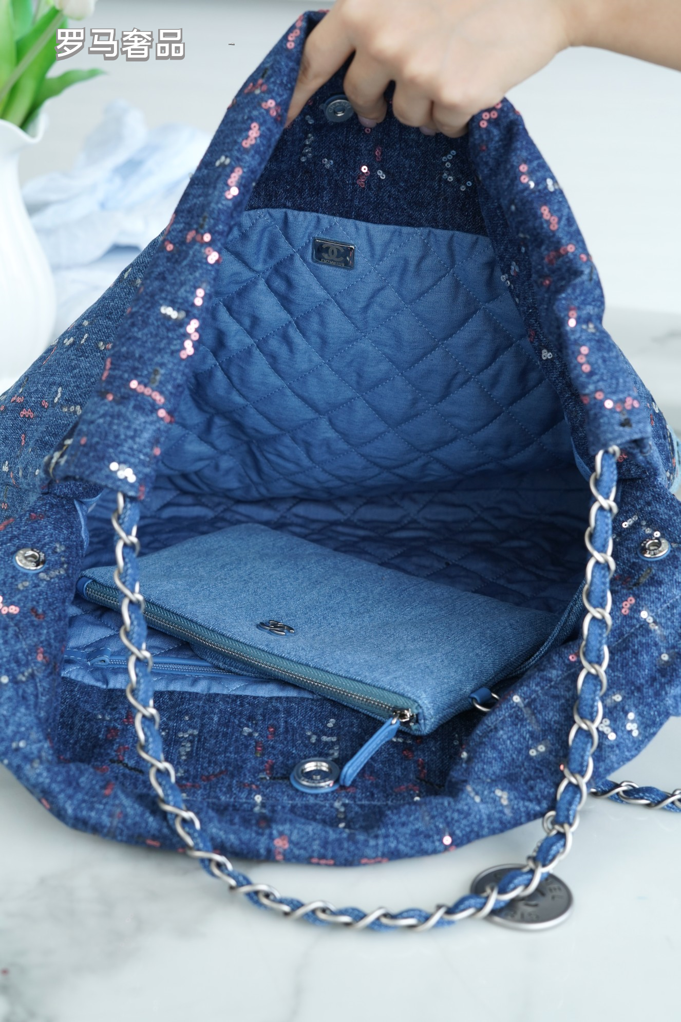 Chanel 22 Denim Patchwork Tote Bag with Matching Pouch - Blue Washed Denim Shoulder Bag