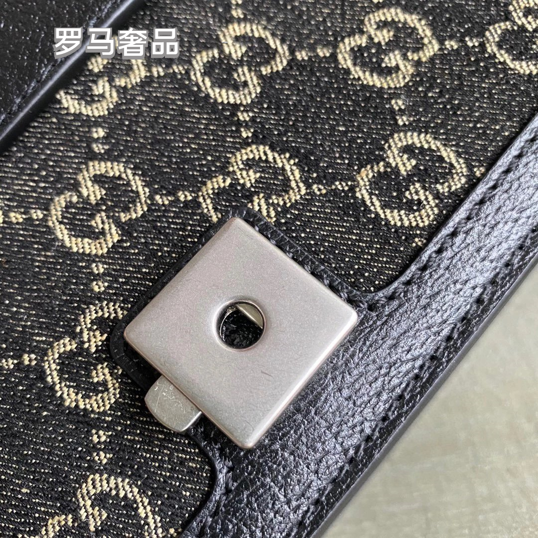 Gucci Luxury Navy Blue Monogram Canvas Chain Shoulder Bag with Spur Buckle