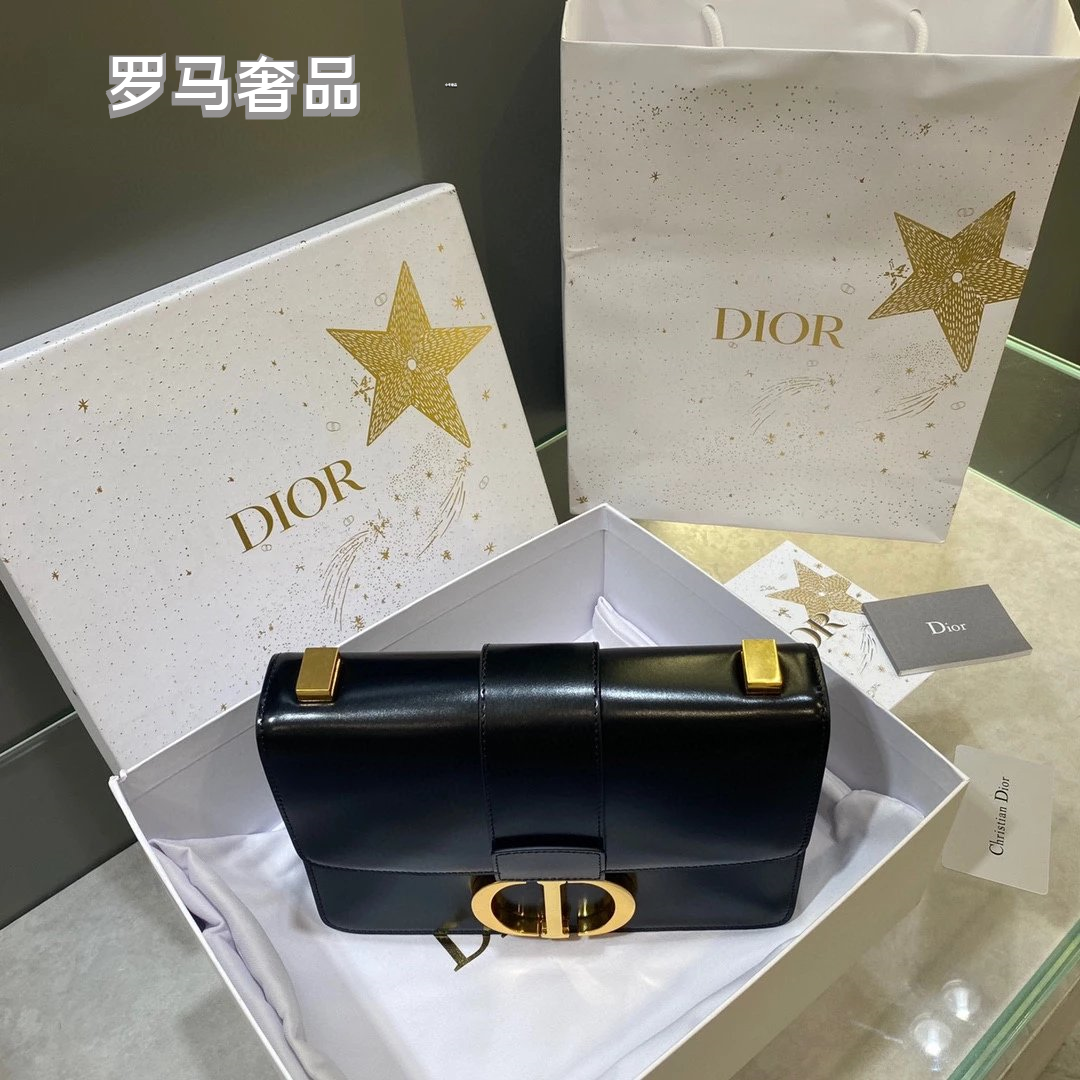 Christian Dior 30 Montaigne Bag in Black Smooth Calfskin with Gold-Finish CD Clasp
