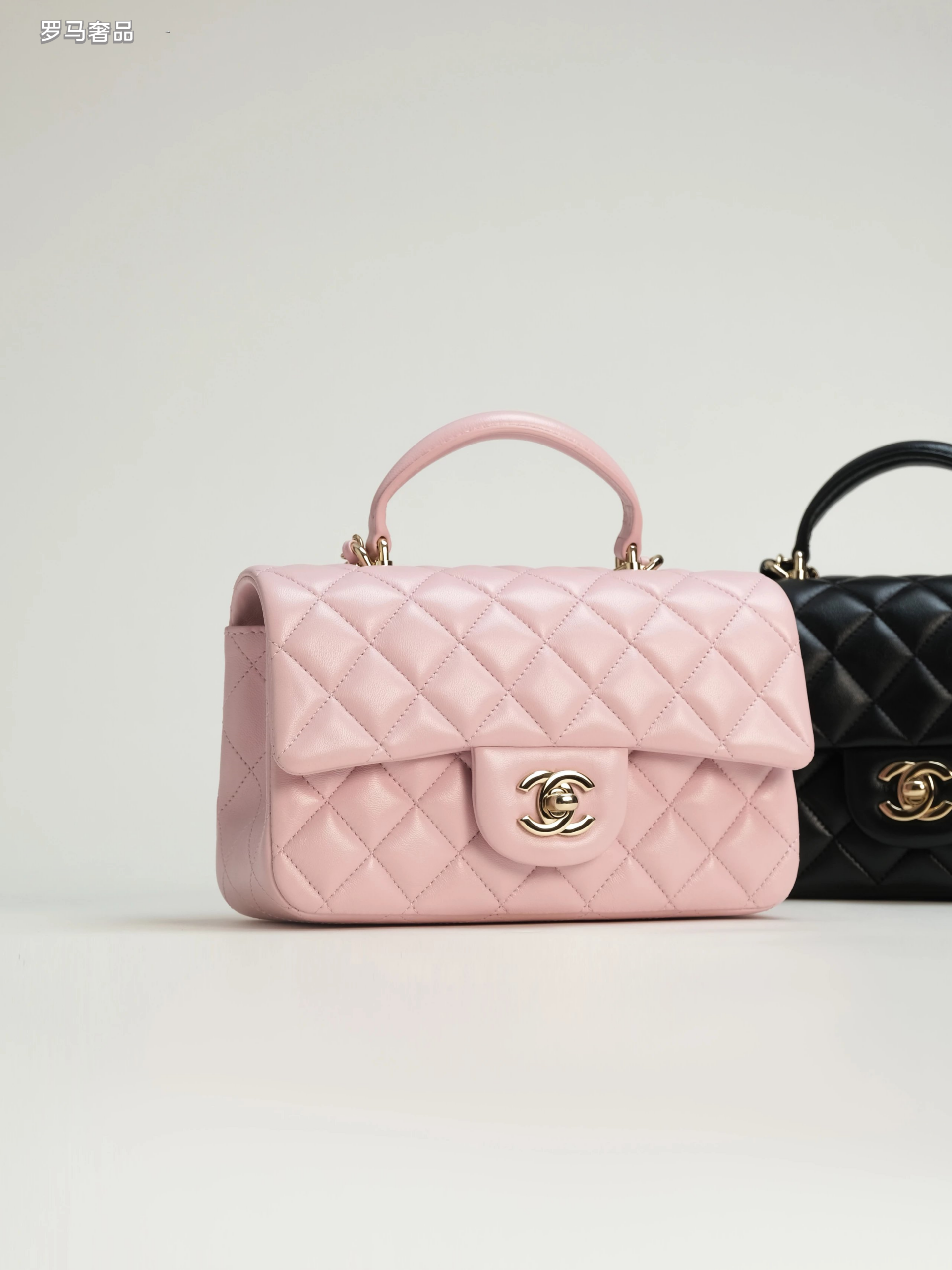 Pink Quilted Top Handle Handbag with Gold-Tone Chain Strap