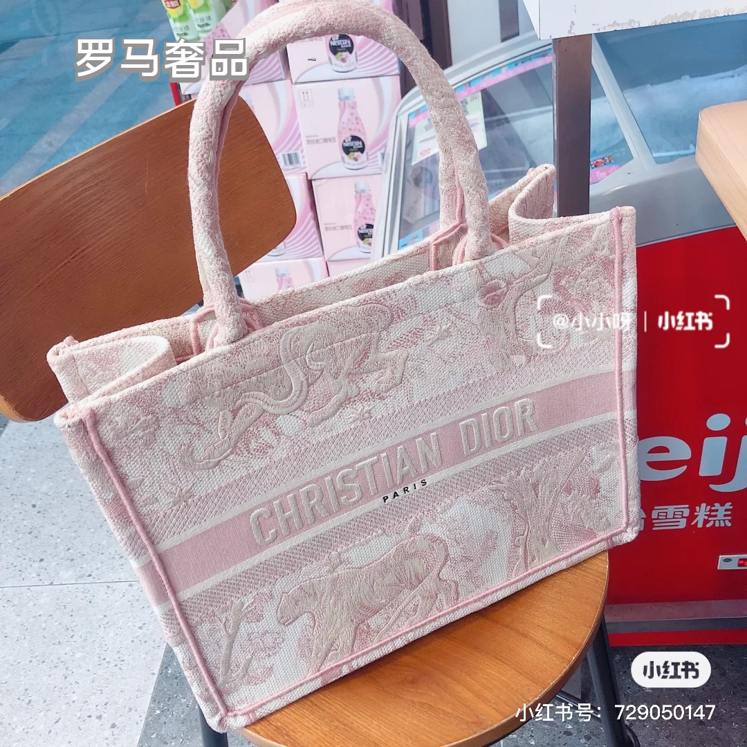 Christian Dior Small Book Tote Bag - Pink Toile de Jouy Embroidery