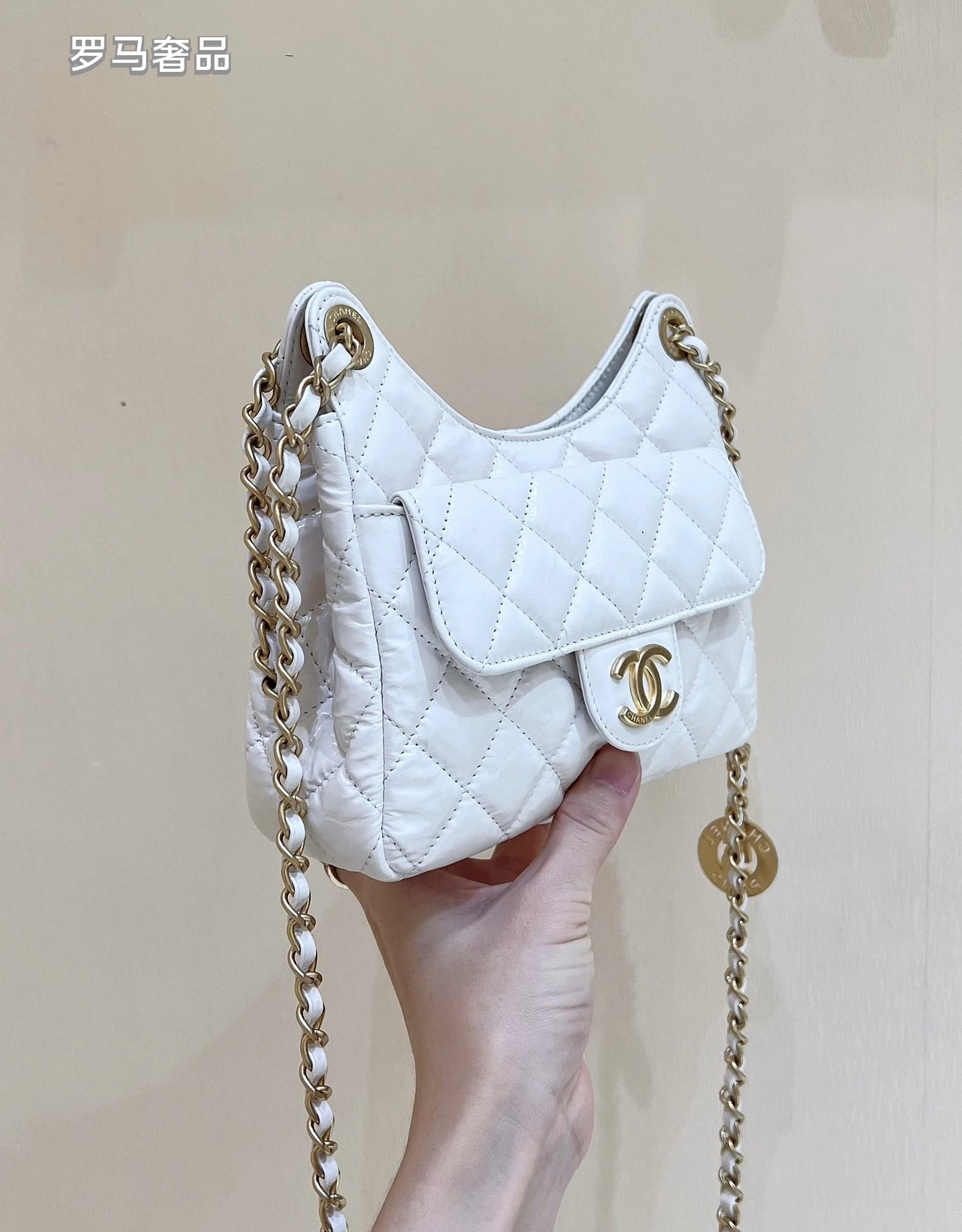 Chanel Small Hobo Bag White Quilted Lambskin Gold-Tone Metal Handbag