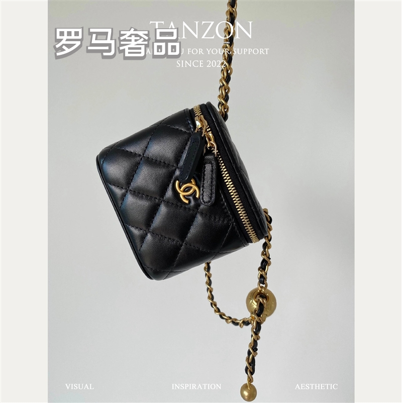 Quilted Leather Mini Vanity Case Crossbody Bag with Adjustable Gold Chain - Black