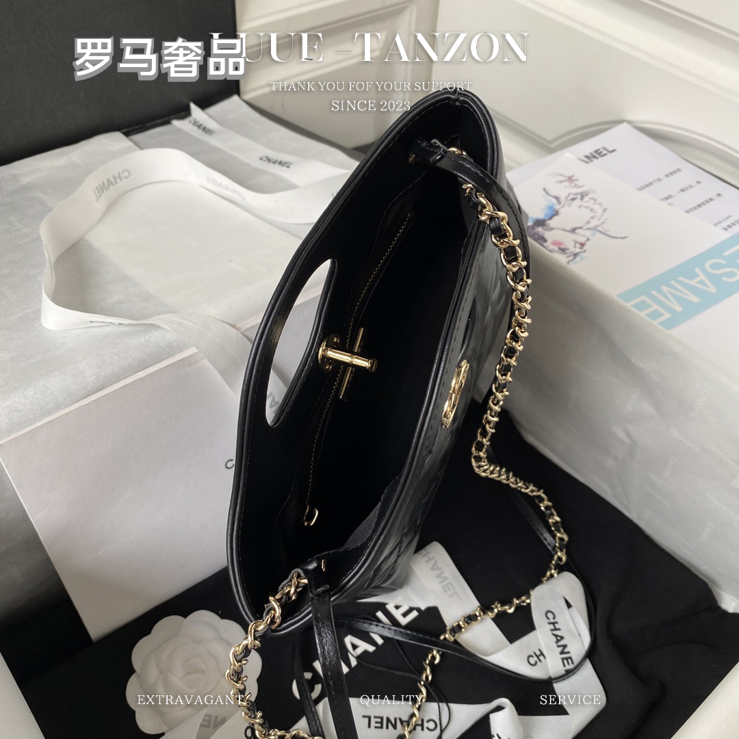Luxury Black Quilted Leather Large Shopper Tote with Chain Strap and Cutout Handles
