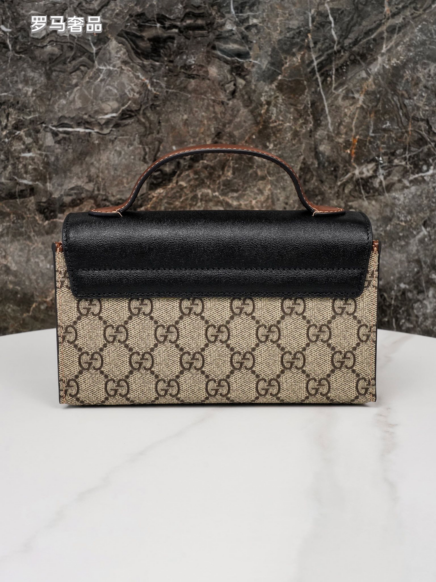 Gucci Vintage Monogram Canvas Top Handle Bag with Leather Flap and Padlock