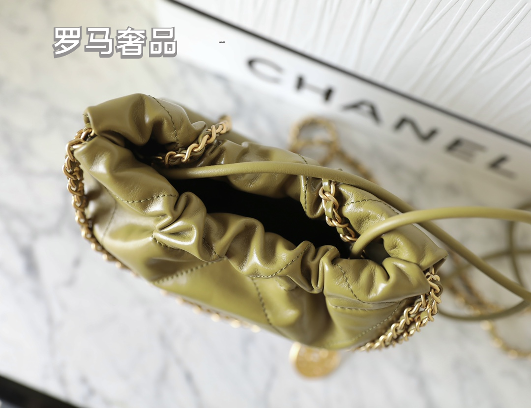 Chanel 22 Handbag in Olive Green Quilted Calfskin with Gold-Tone Hardware