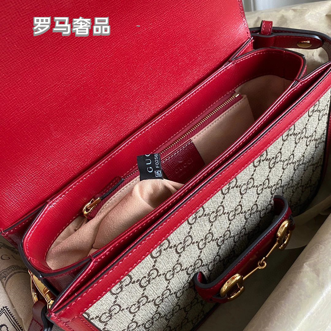 Gucci Vintage Monogram Canvas Crossbody Bag with Red Leather Trim