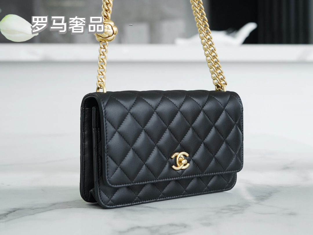 Chanel Quilted Lambskin Wallet on Chain with Camellia Gold Charm - Black