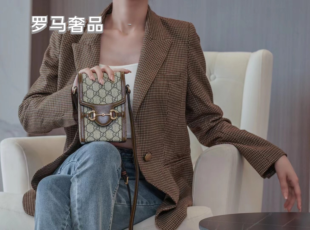 Gucci Horsebit 1955 Mini Bag in GG Supreme Canvas with Brown Leather Trim