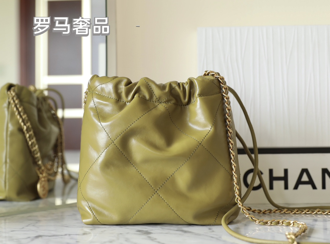 Chanel 22 Handbag in Olive Green Quilted Calfskin with Gold-Tone Hardware