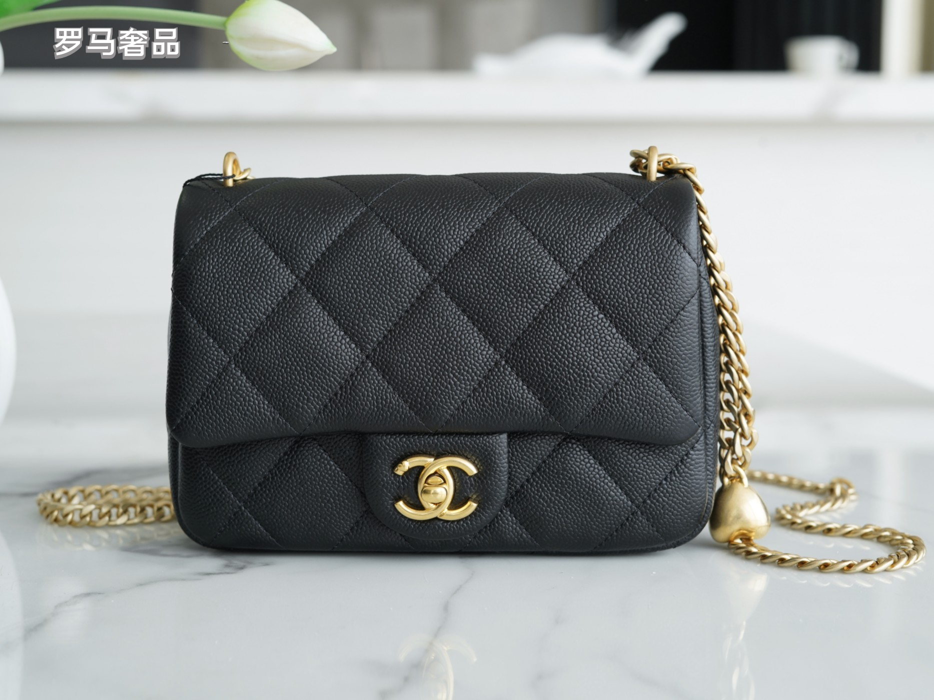 Chanel Quilted Leather Mini Flap Bag with Gold Heart Charm Chain - Black