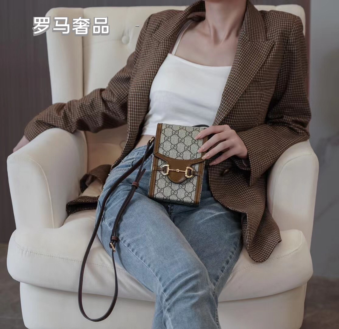 Gucci Vintage Monogram Canvas Mini Crossbody Phone Bag with Gold Horsebit