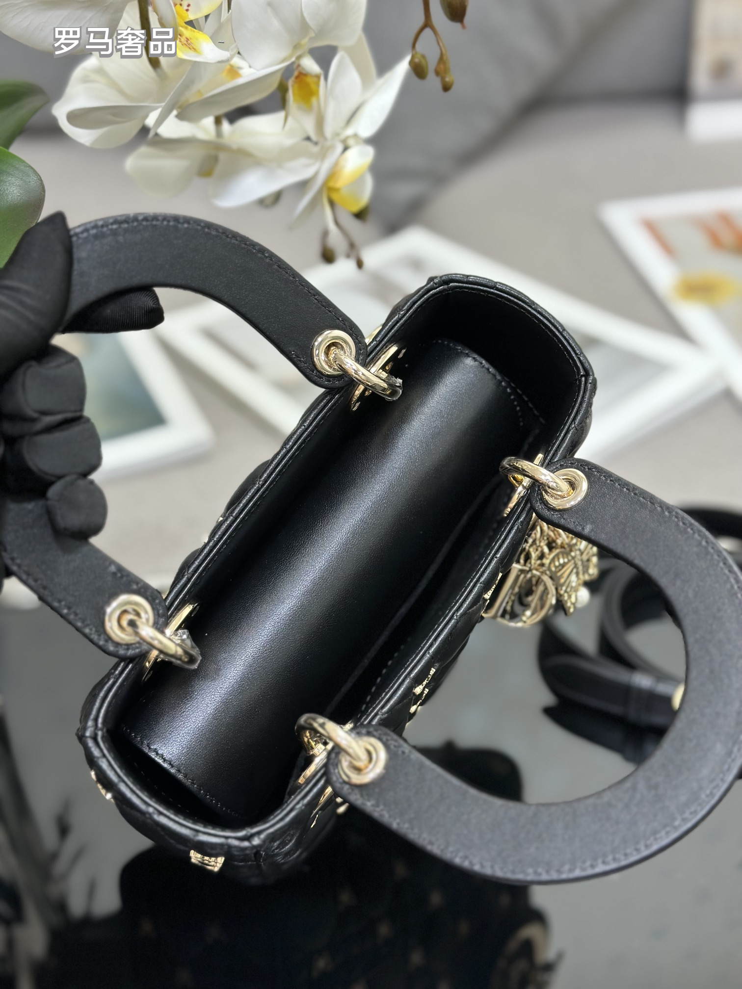 Dior Luxury Black Quilted Leather Handbag with Gold Butterfly Charm