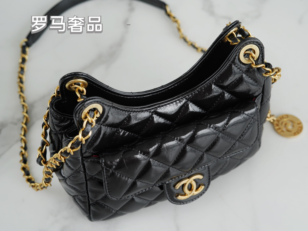 Elegant Black Quilted Patent Leather Shoulder Bag with Gold Chain Strap