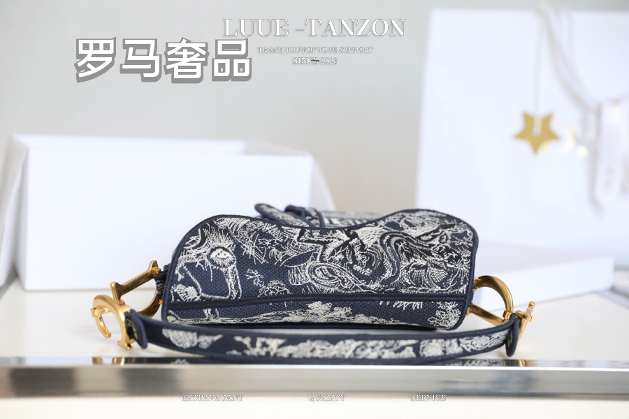 Dior Vintage Floral Toile Embroidered Saddle Bag with Gold Hardware
