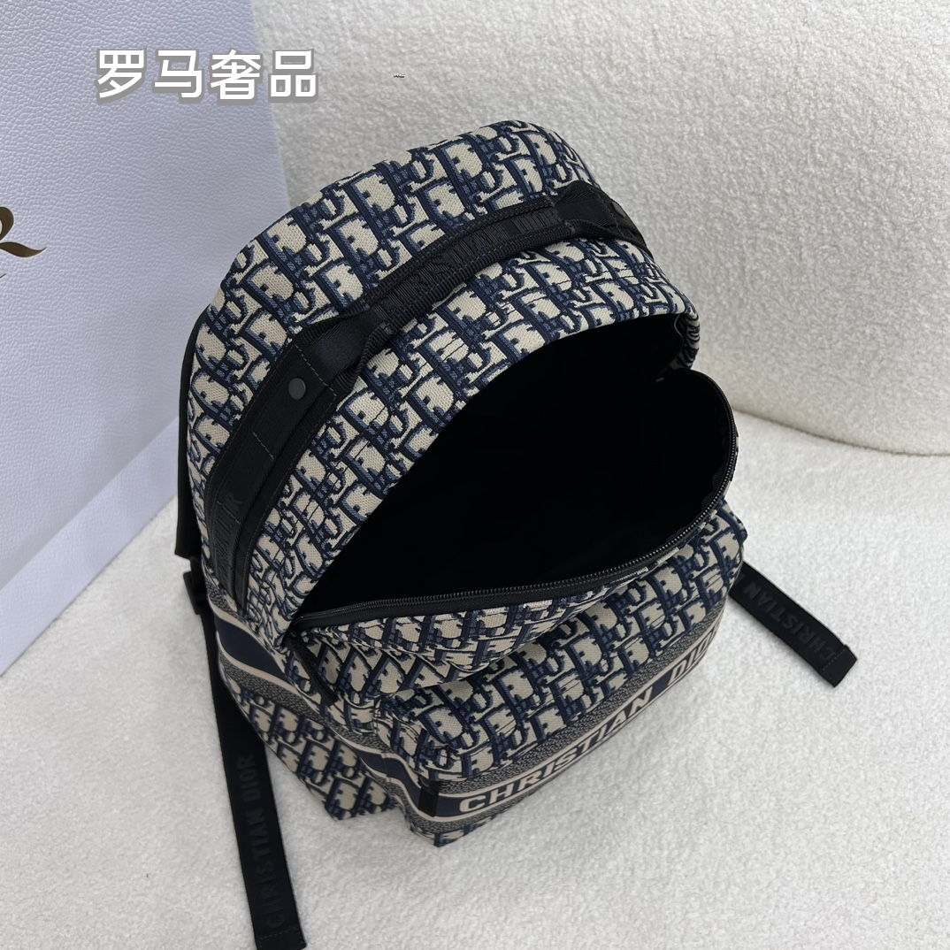 Dior Luxury Monogram Jacquard Canvas Backpack with Front Pocket Stripe