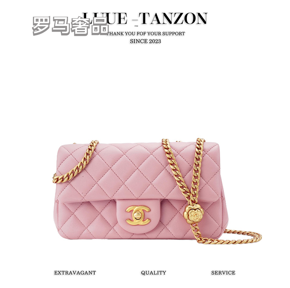 Pink Quilted Flap Bag with Gold-Tone Chain and Logo - Blue Tanzon