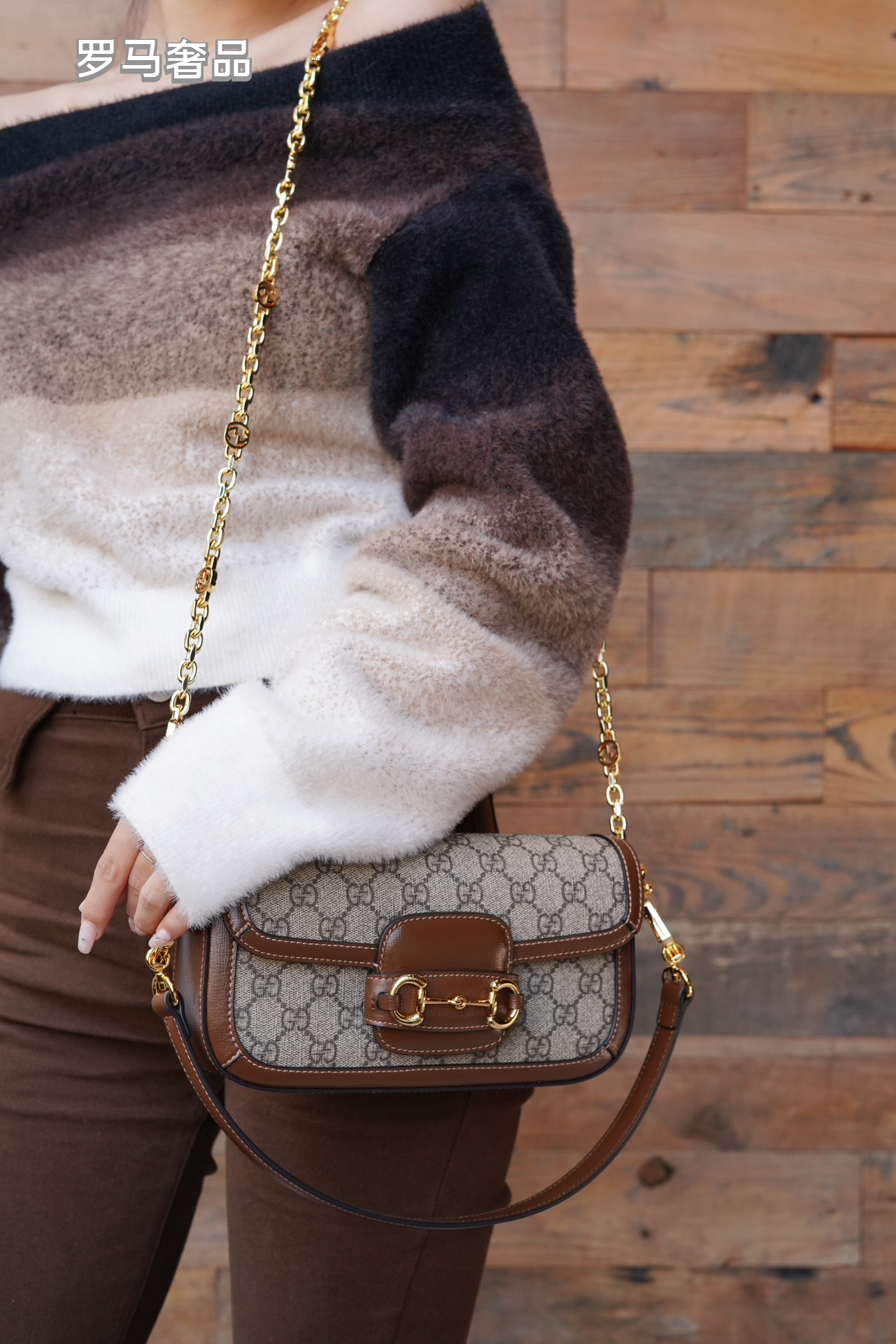 Gucci Horsebit 1955 Mini Shoulder Bag in GG Supreme Canvas with Brown Leather Trim