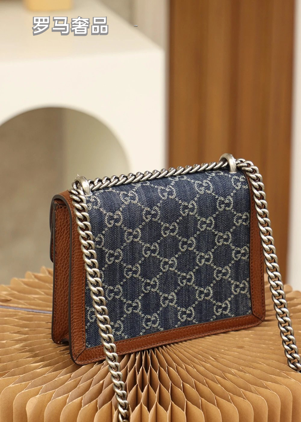 Gucci Vintage Denim Monogram Chain Shoulder Bag with Horseshoe Clasp