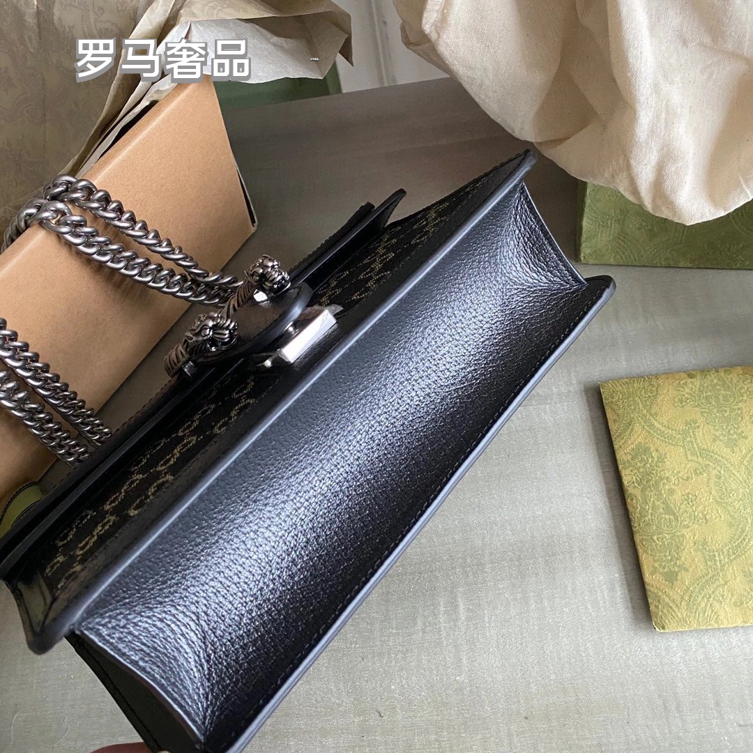 Gucci Luxury Navy Blue Monogram Canvas Chain Shoulder Bag with Spur Buckle