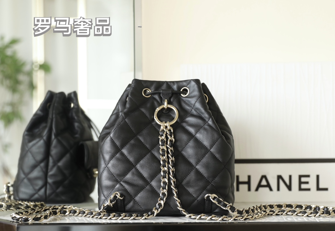 Chanel-Style Quilted Black Leather Bucket Bag with Silver Chain Strap
